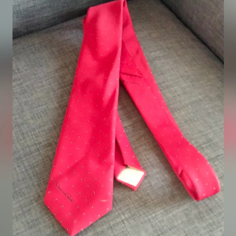 Oscar de la Renta Red with Blue And White Polka Dot Pattern Tie